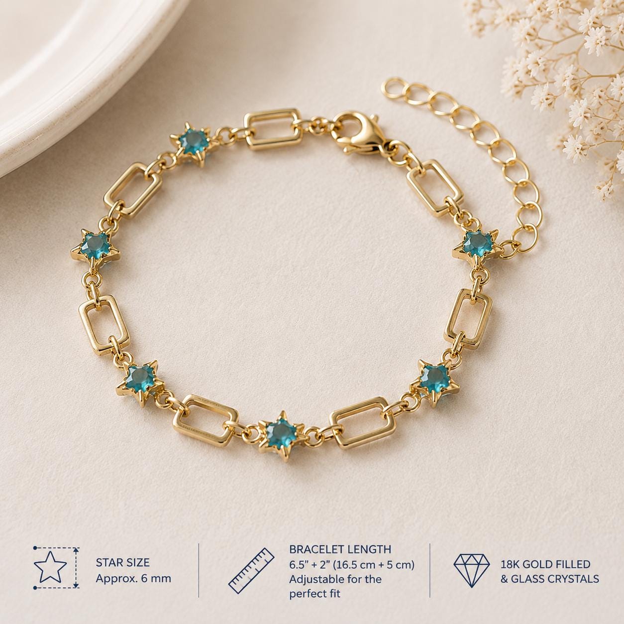 Aqua Star Gold Bracelet, Coastal Chain Bracelet, Celestial Jewelry, Beach Lover Gift, Dainty Gold Link Bracelet, Bridesmaid Gift