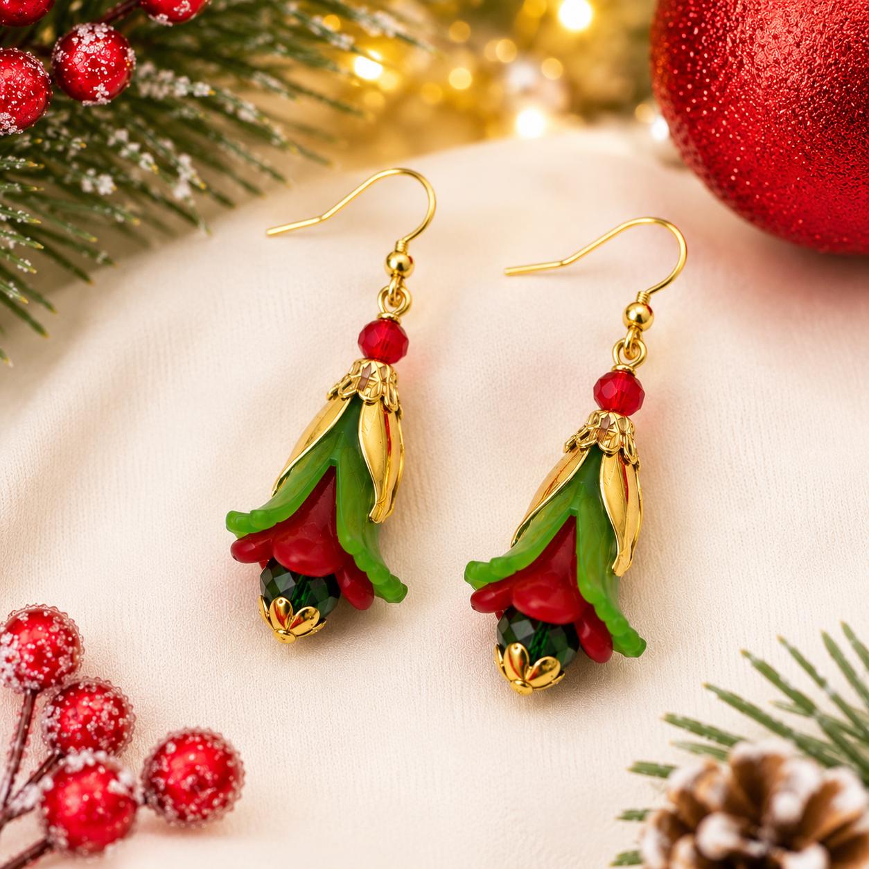 Christmas Poinsettia Necklace Earrings Set, Holiday Flower Jewelry, Red Green Christmas Jewelry, Poinsettia Gift Set, Festive Necklace, Chri
