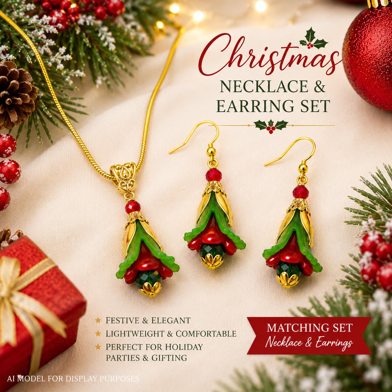 Christmas Poinsettia Necklace Earrings Set, Holiday Flower Jewelry, Red Green Christmas Jewelry, Poinsettia Gift Set, Festive Necklace, Chri