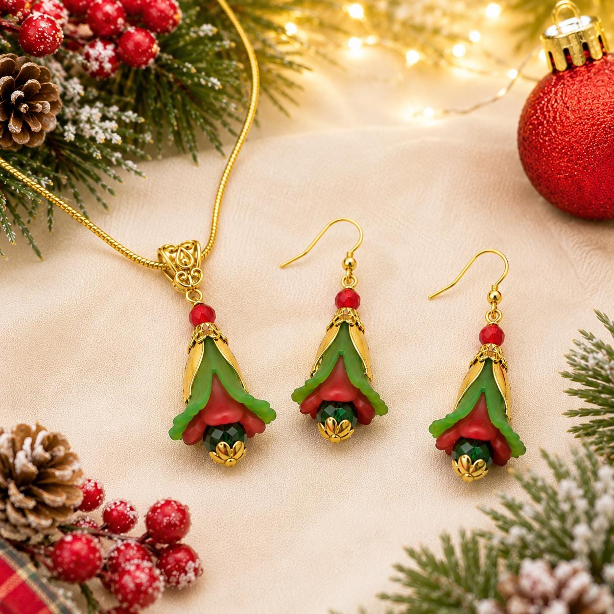 Christmas Poinsettia Necklace Earrings Set, Holiday Flower Jewelry, Red Green Christmas Jewelry, Poinsettia Gift Set, Festive Necklace, Chri