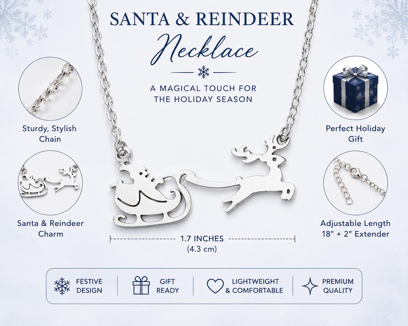 Santa Sleigh Necklace, Reindeer Christmas Necklace, Silver Holiday Jewelry, Christmas Gift for Her, Winter Necklace, Stocking Stuffer