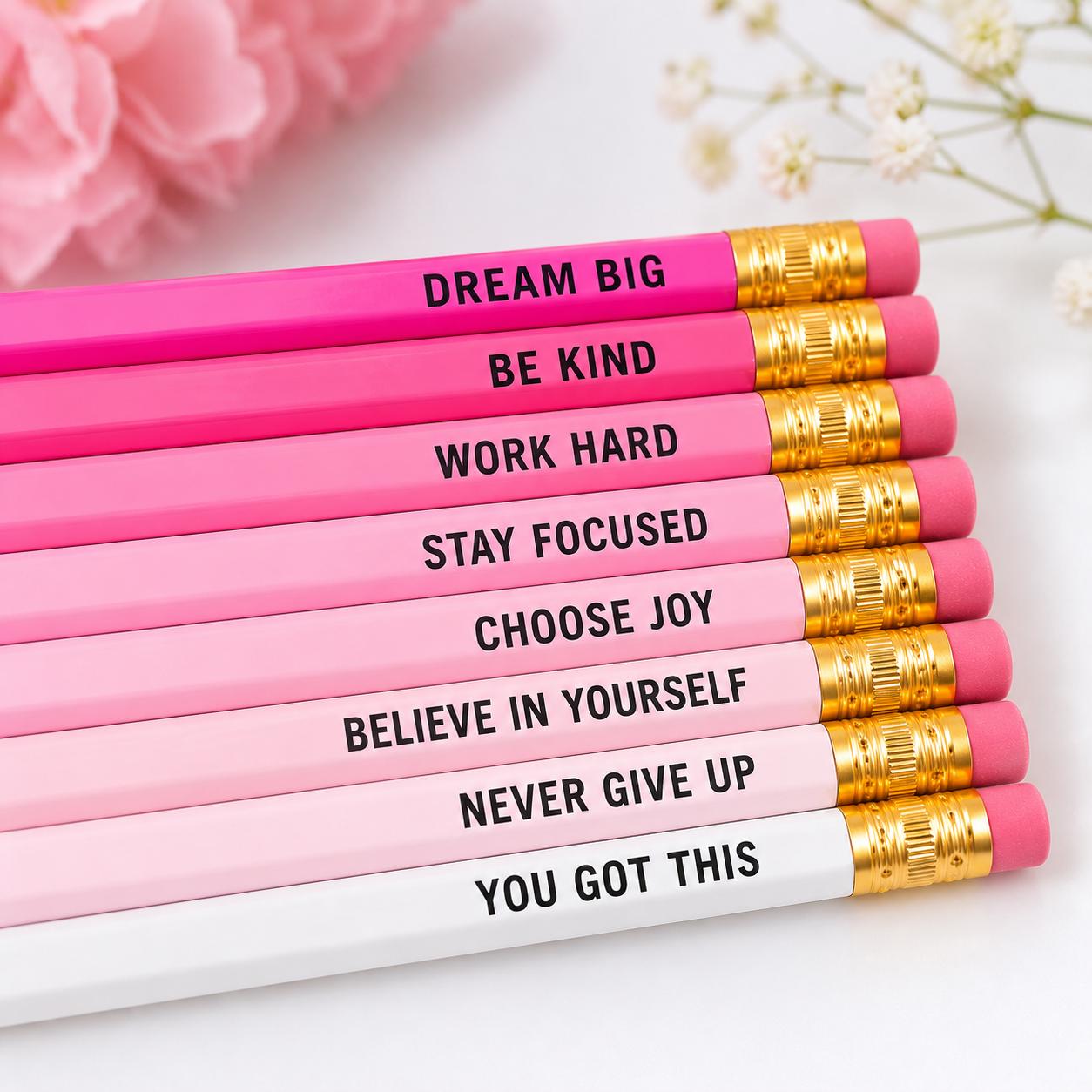 Motivational Pencil Set | Back to School Gift for Girls | Inspirational Pencils for Students | Teacher Gift | Pink School Supplies