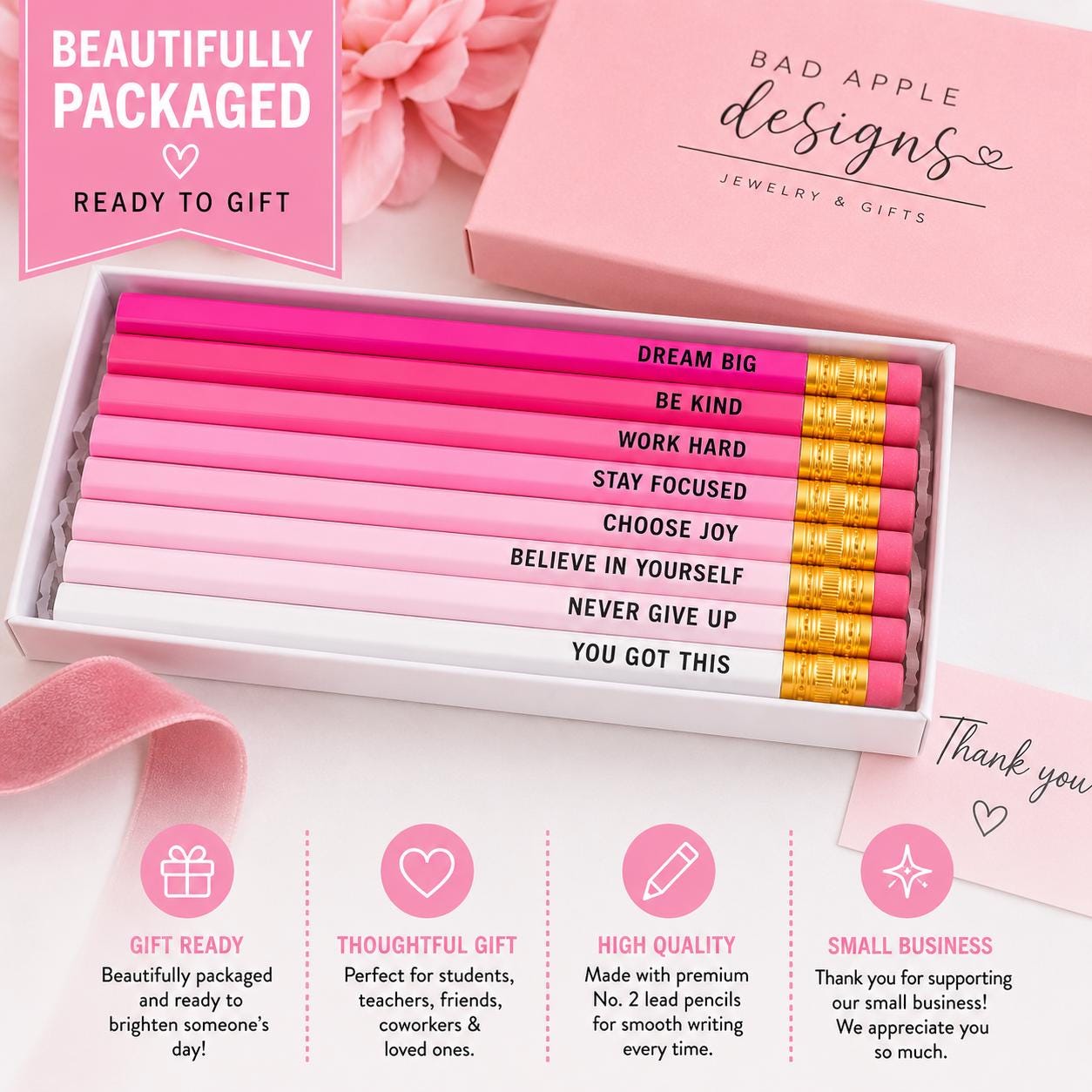 Motivational Pencil Set | Back to School Gift for Girls | Inspirational Pencils for Students | Teacher Gift | Pink School Supplies