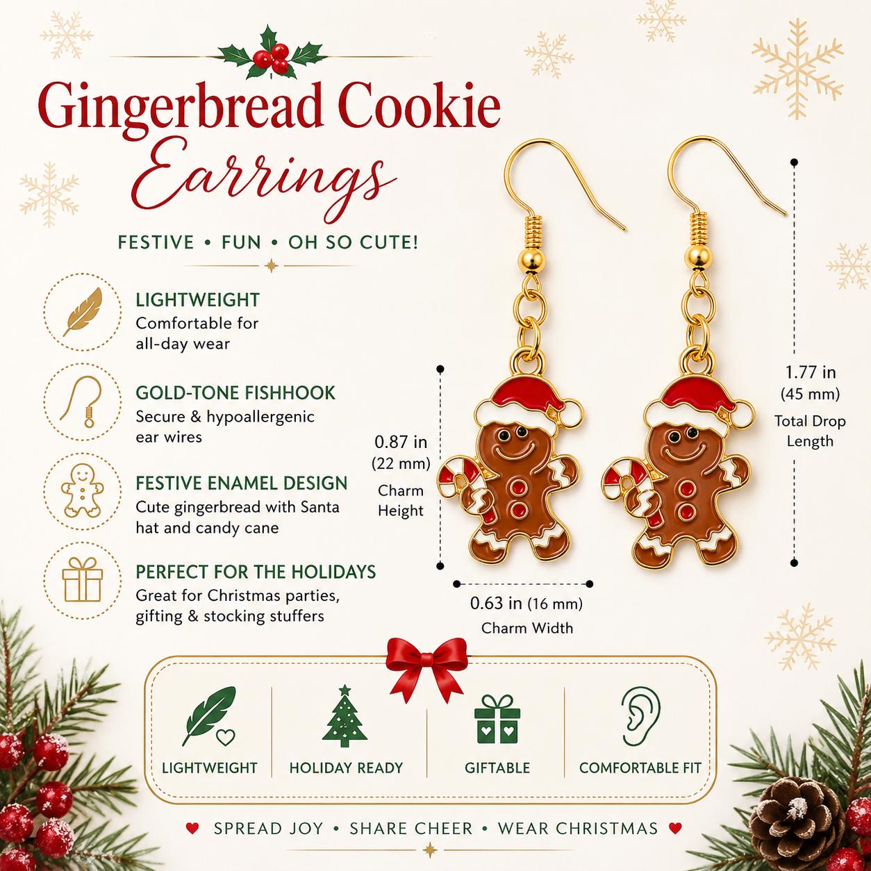 Gingerbread Cookie Earrings, Christmas Earrings, Holiday Jewelry, Gingerbread Man Dangle Earrings, Stocking Stuffer Gift, Secret Santa Gift