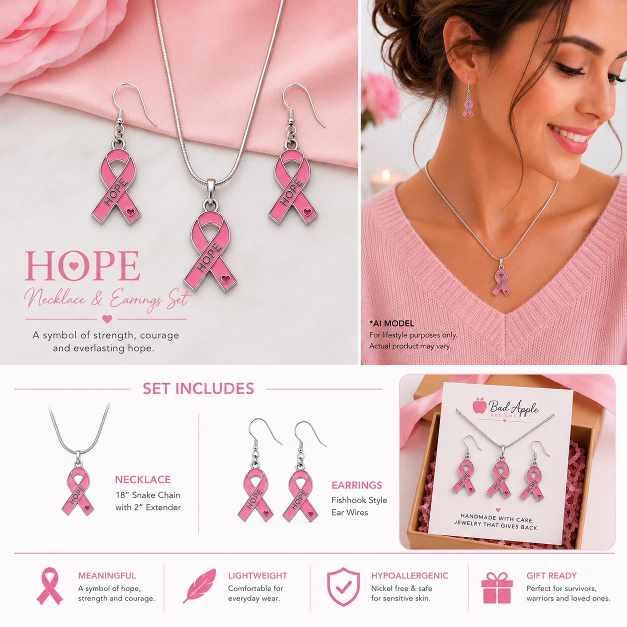 Breast Cancer Awareness Jewelry Set, Pink Ribbon Necklace and Earrings, Hope Jewelry, Survivor Gift, Cancer Warrior Gift, October Awareness