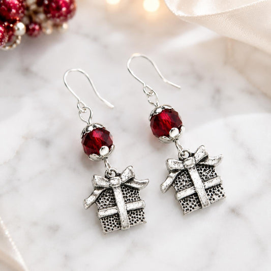 Christmas Present Earrings Necklace Set, Gift Box Jewelry Set, Holiday Earrings, Christmas Gift Necklace, Red Crystal Jewelry, Secret Santa