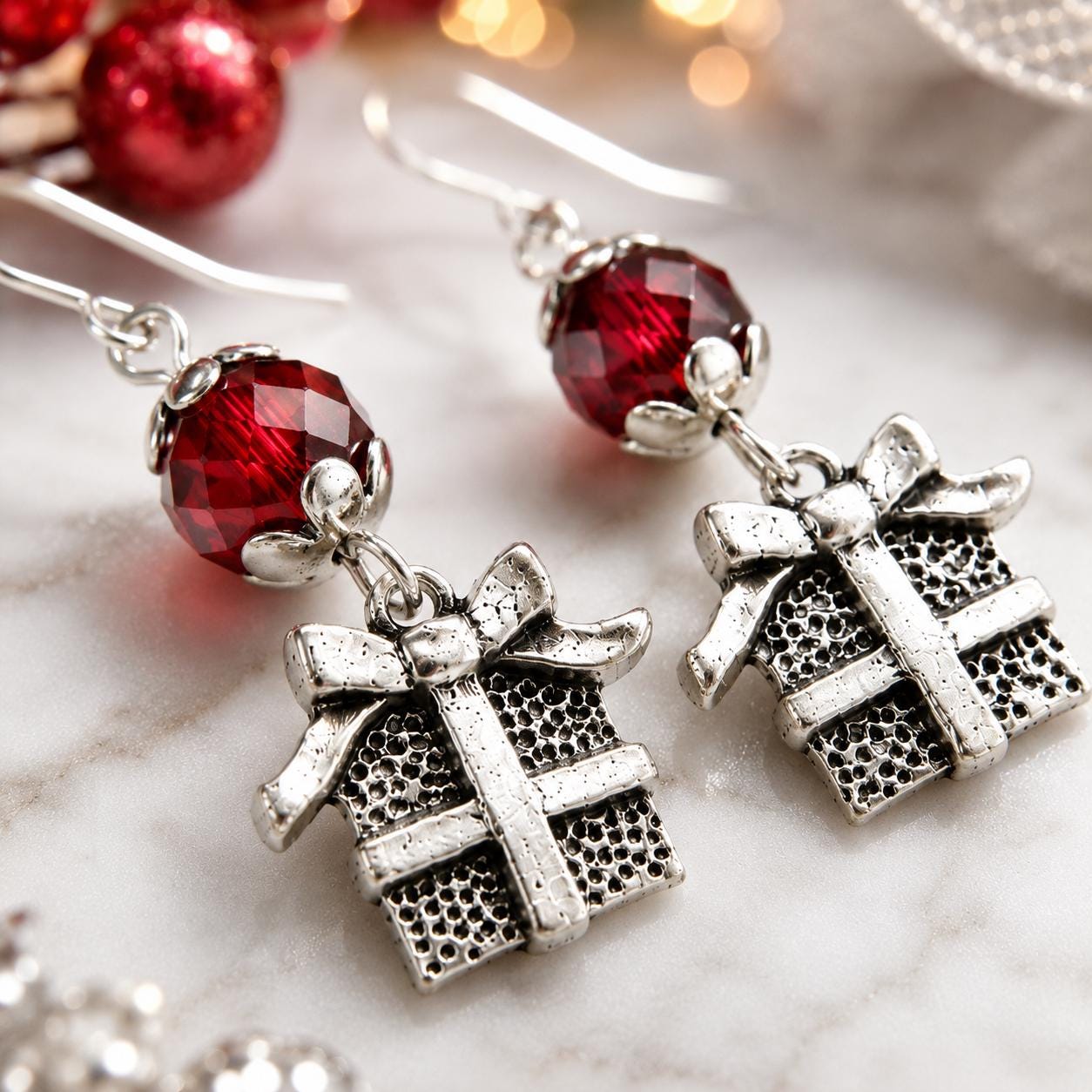 Christmas Present Earrings Necklace Set, Gift Box Jewelry Set, Holiday Earrings, Christmas Gift Necklace, Red Crystal Jewelry, Secret Santa