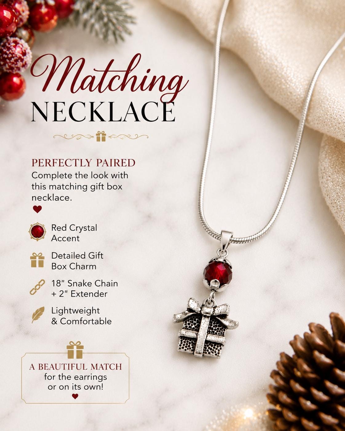 Christmas Present Earrings Necklace Set, Gift Box Jewelry Set, Holiday Earrings, Christmas Gift Necklace, Red Crystal Jewelry, Secret Santa