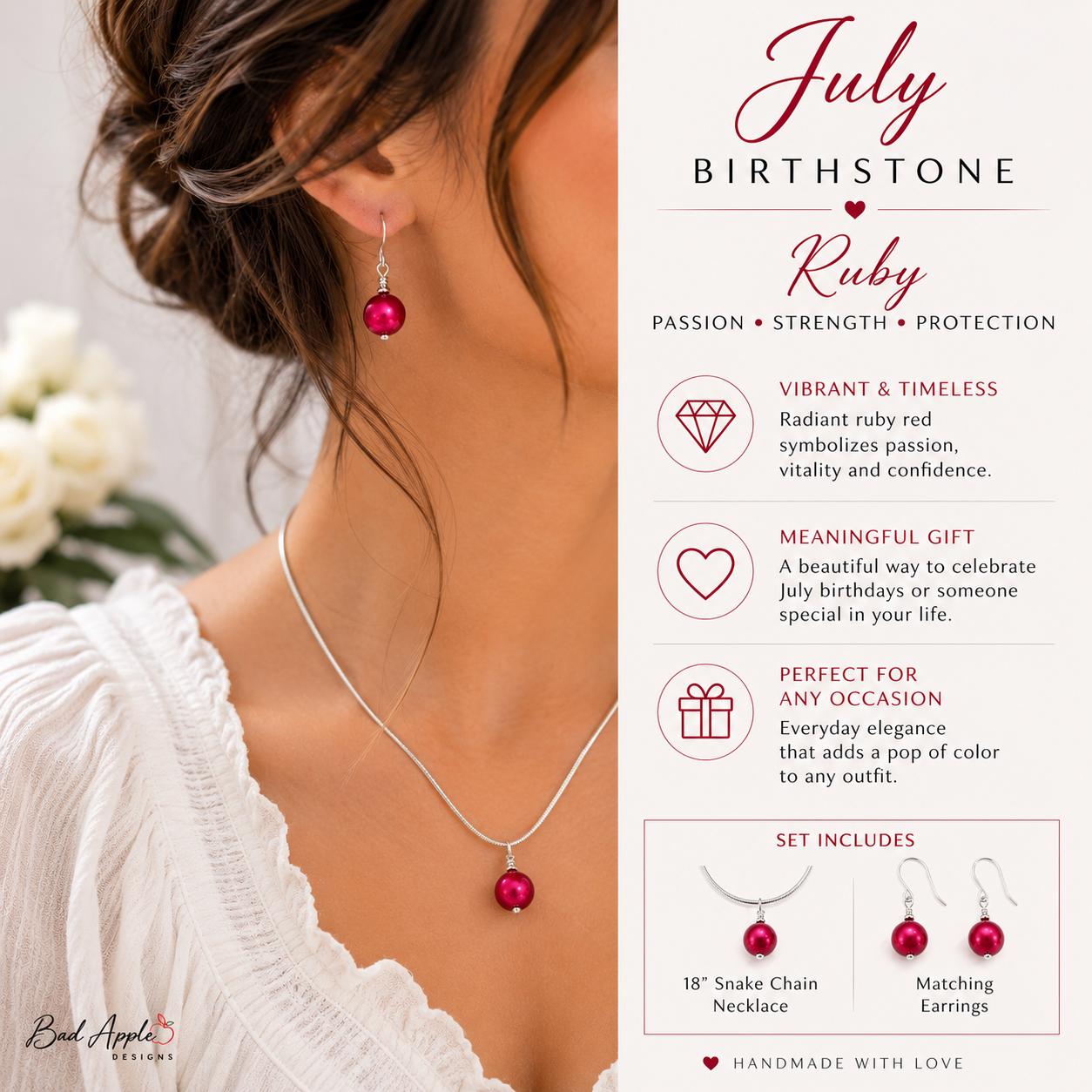 July Birthstone Jewelry Set, Ruby Red Pearl Necklace and Earrings Set, July Birthday Gift for Her, Ruby Jewelry, Minimalist Birthstone