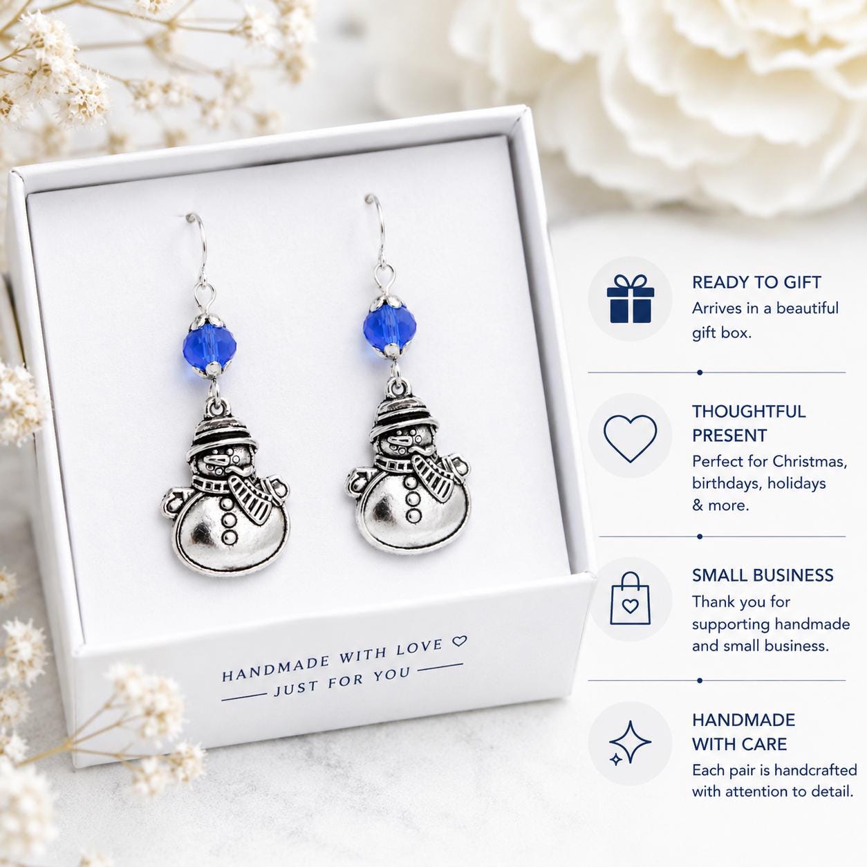 Snowman Earrings, Winter Dangle Earrings, Christmas Earrings, Blue Crystal Earrings, Holiday Jewelry, Snowman Jewelry, Stocking Stuffer Gift