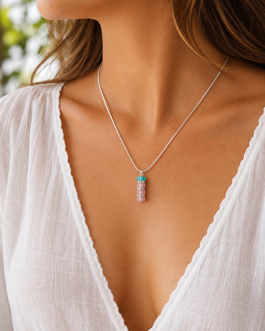 Pastel Bead Necklace, Pink Blue Necklace, Minimalist Pendant Necklace, Dainty Jewelry Gift for Her, Feminine Jewelry, Cute Necklace
