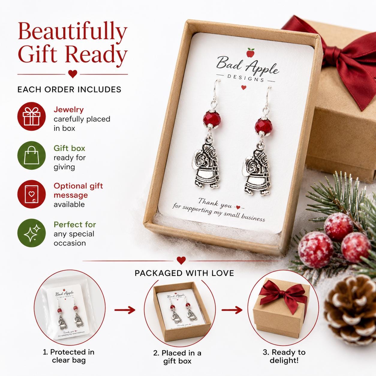 Santa Claus Earrings, Christmas Earrings, Holiday Dangle Earrings, Red Crystal Earrings, Santa Jewelry, Stocking Stuffer Gift for Her