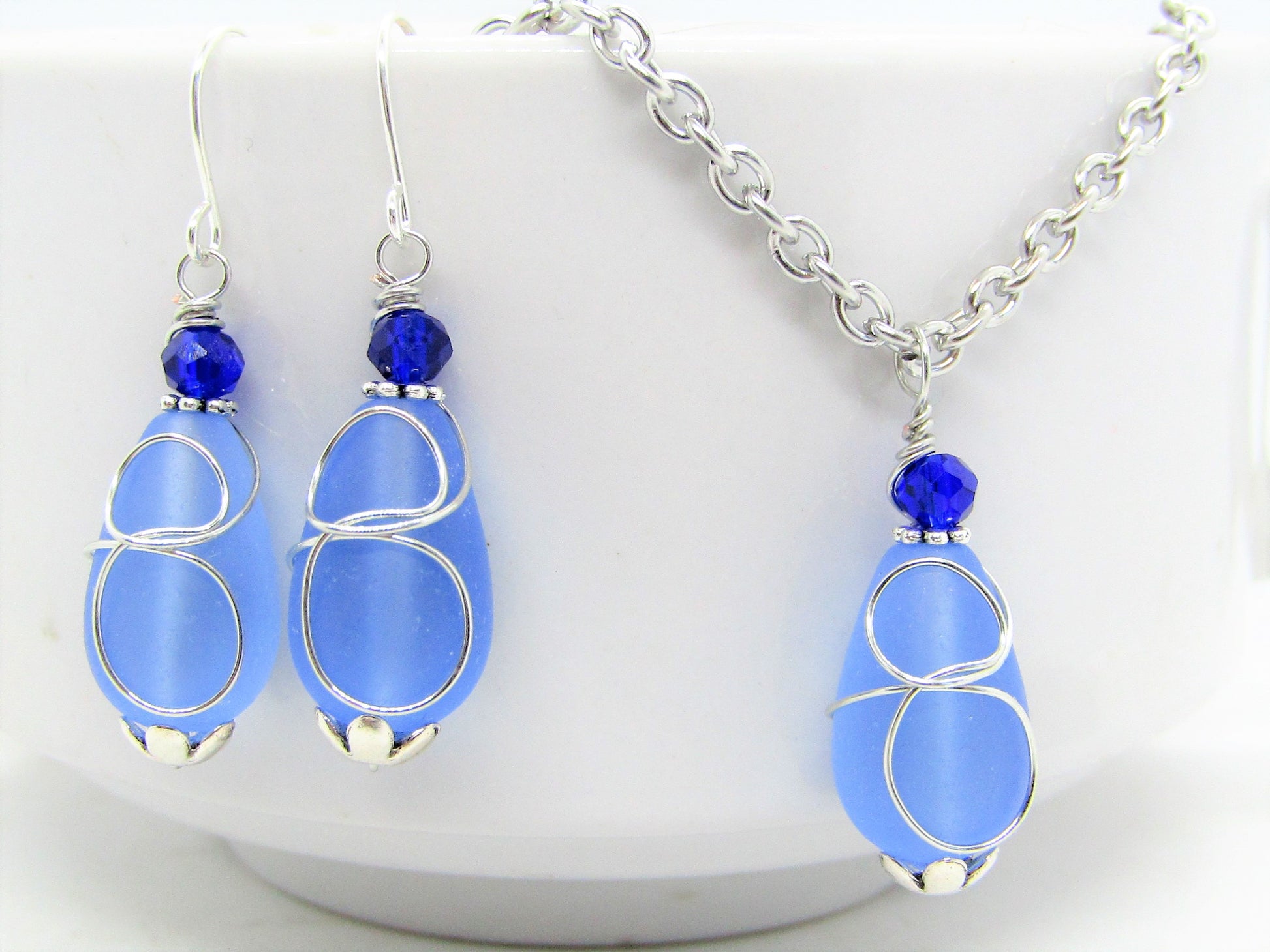 Cobalt Blue "Loop" Sea Glass Teardrop Earring+Necklace Set - Bad Apple Designs Jewelry