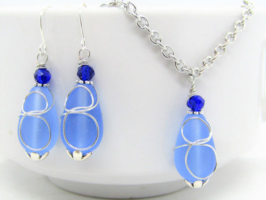Cobalt Blue "Loop" Sea Glass Teardrop Earring+Necklace Set - Bad Apple Designs Jewelry