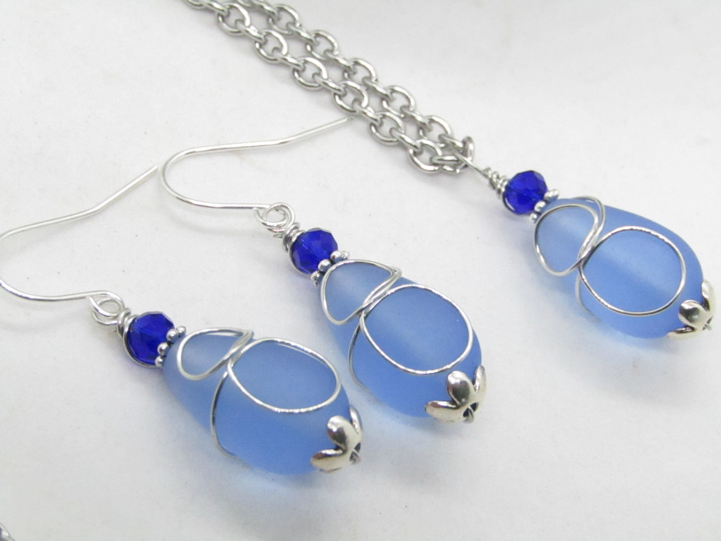Cobalt Blue "Loop" Sea Glass Teardrop Earring+Necklace Set - Bad Apple Designs Jewelry