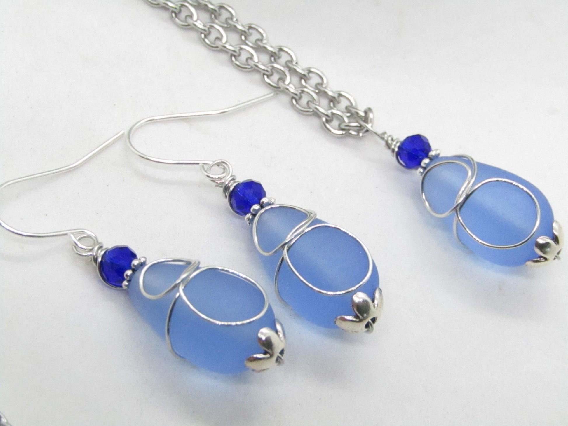 Cobalt Blue "Loop" Sea Glass Teardrop Earring+Necklace Set - Bad Apple Designs Jewelry