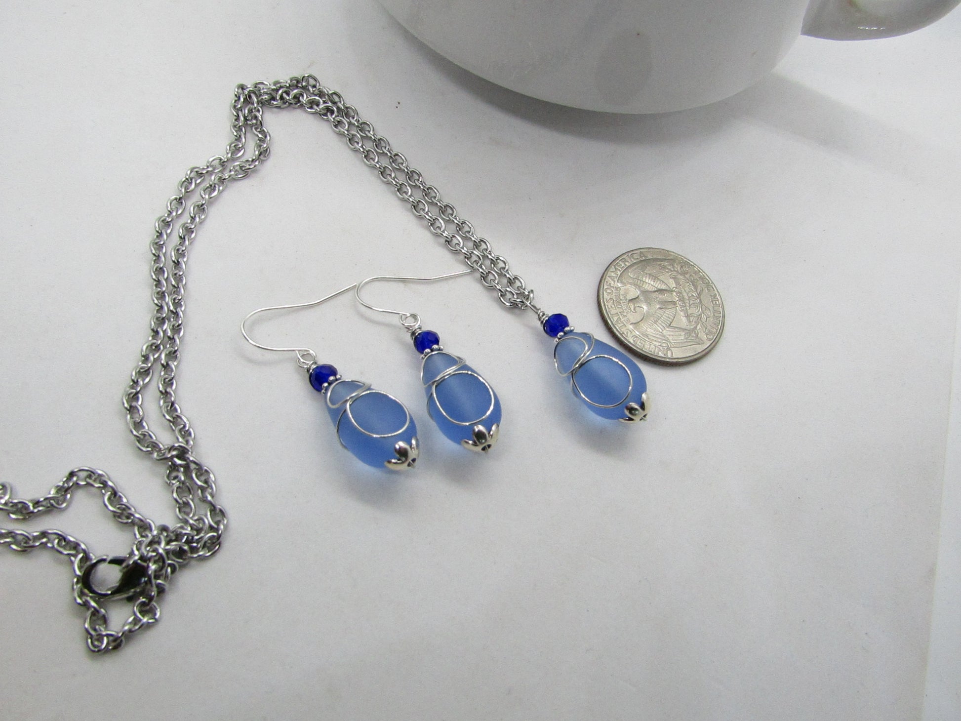Cobalt Blue "Loop" Sea Glass Teardrop Earring+Necklace Set - Bad Apple Designs Jewelry