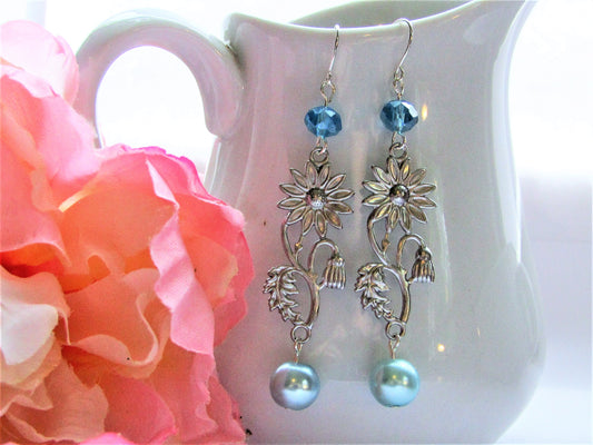 Blue Pearl Flower Leaf Earrings