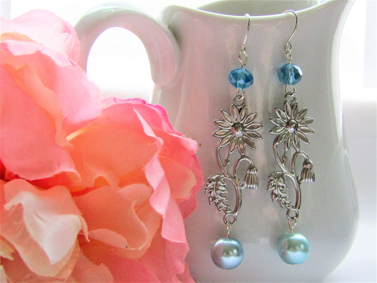 Blue Pearl Flower Leaf Earrings