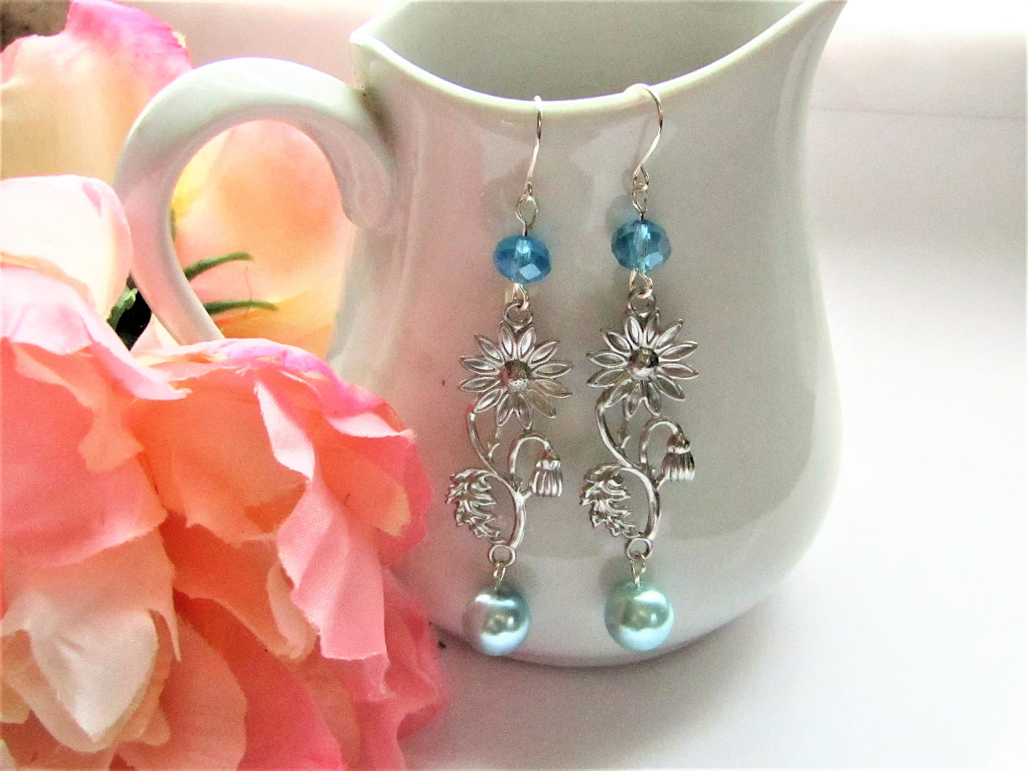Blue Pearl Flower Leaf Earrings