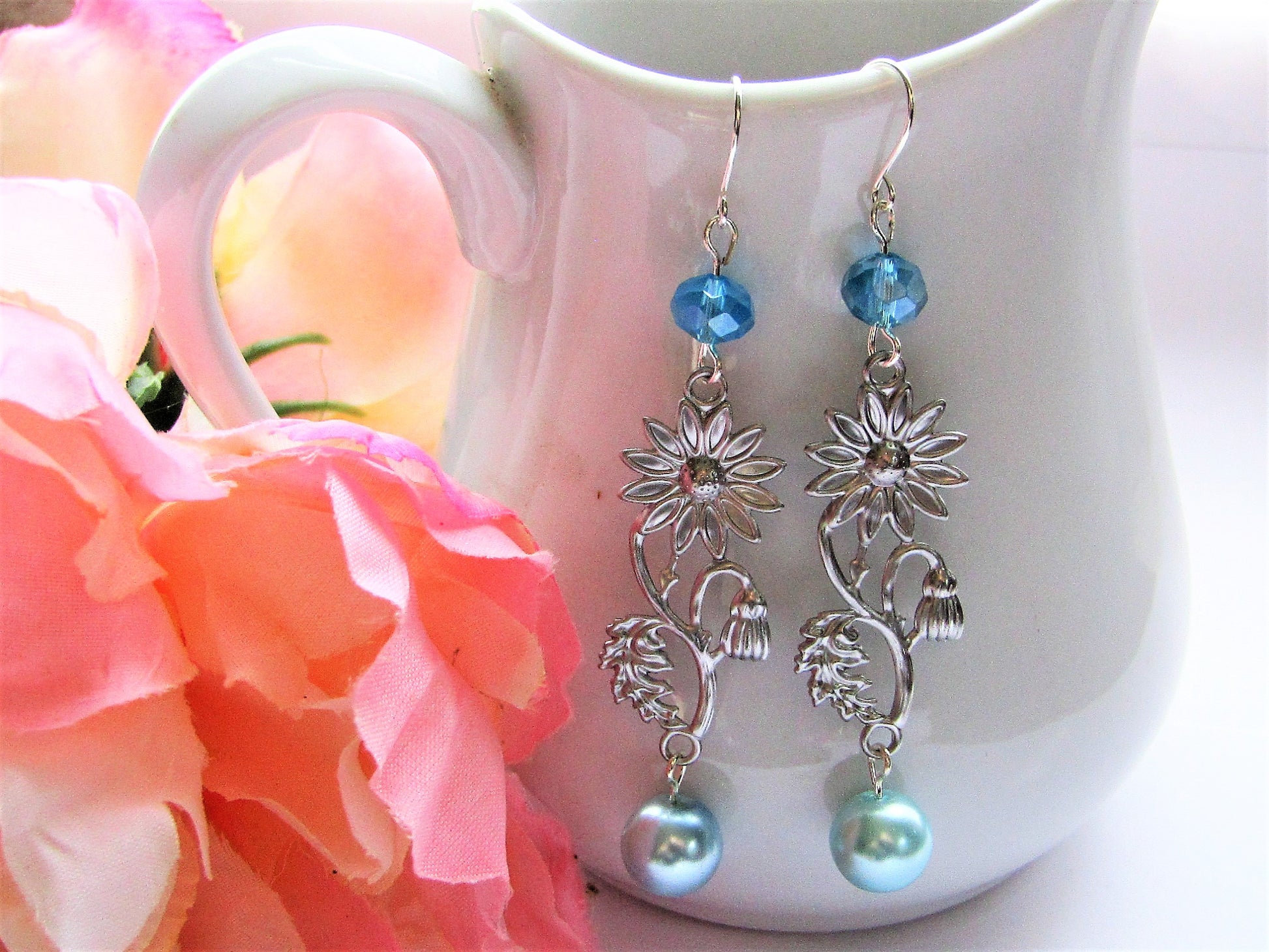Blue Pearl Flower Leaf Earrings