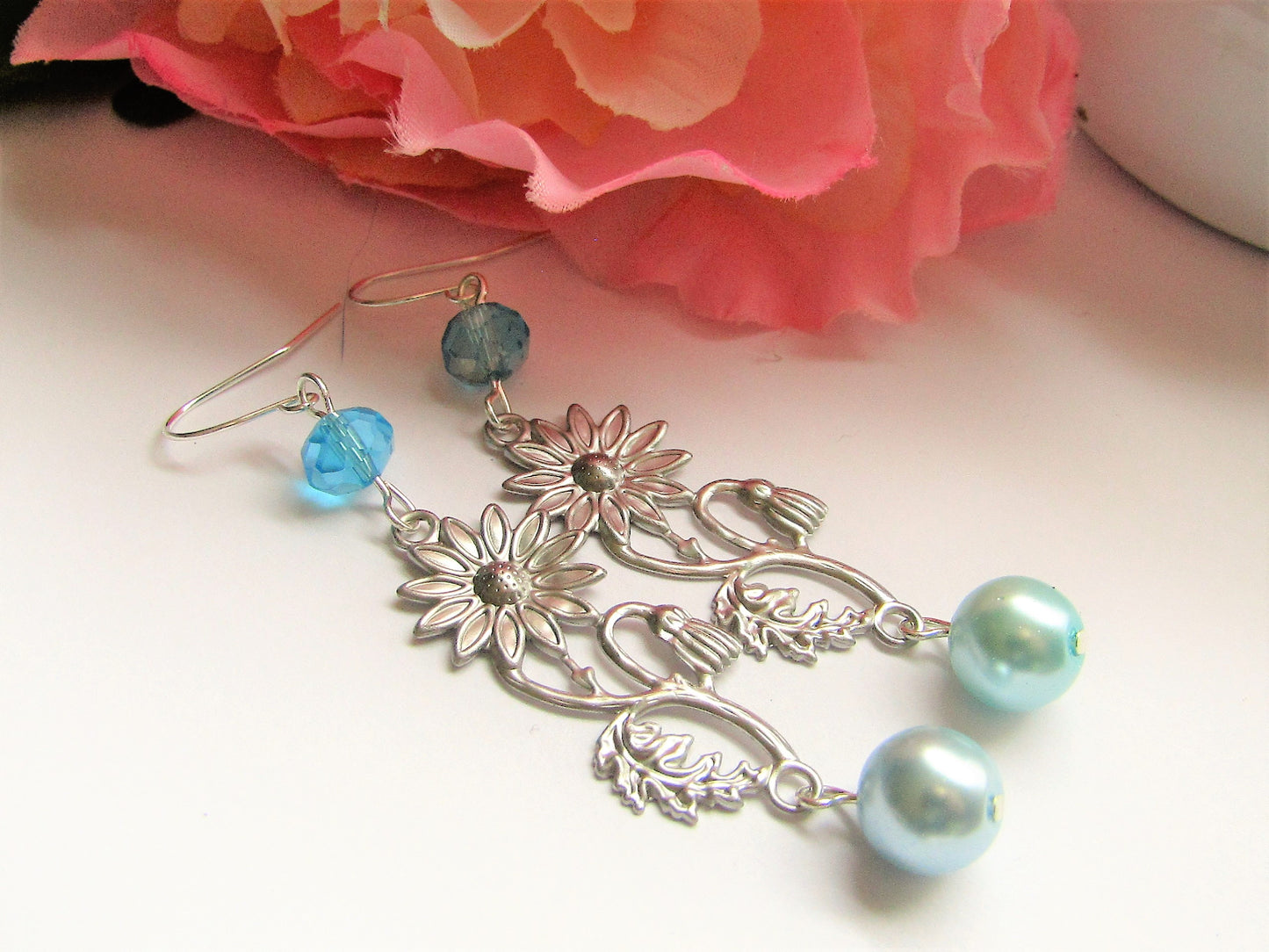 Blue Pearl Flower Leaf Earrings