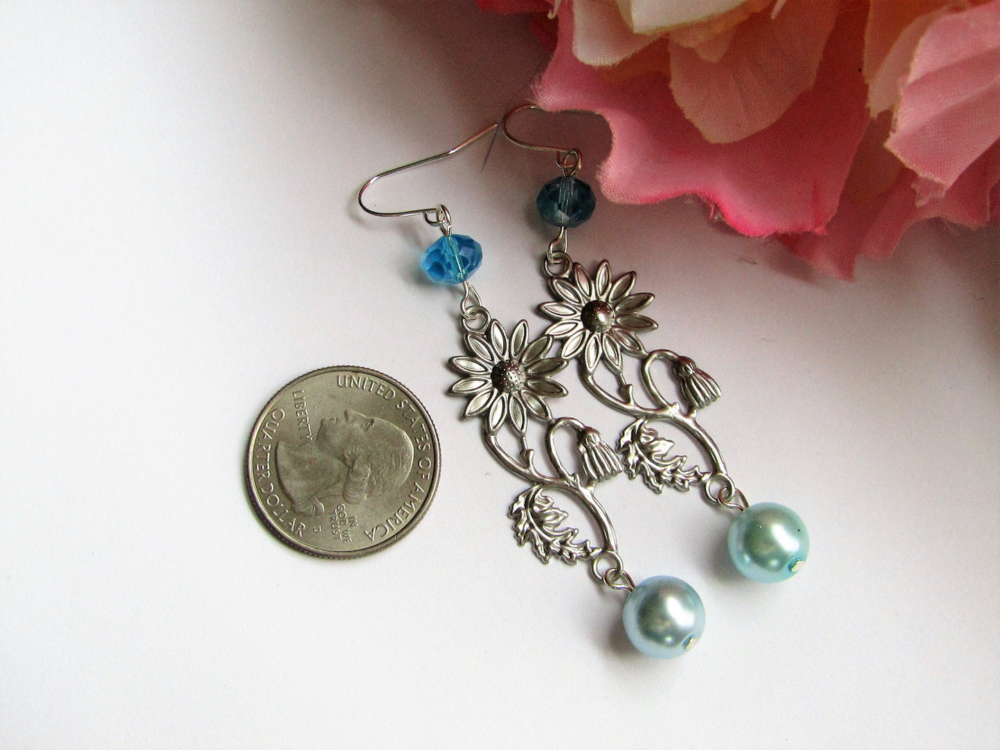 Blue Pearl Flower Leaf Earrings