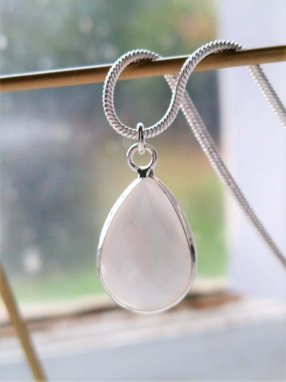 Faceted Glass Drop, Silver 18 Inch Snake Chain Necklace, Bridesmaid, Birthstone - Bad Apple Designs Jewelry
