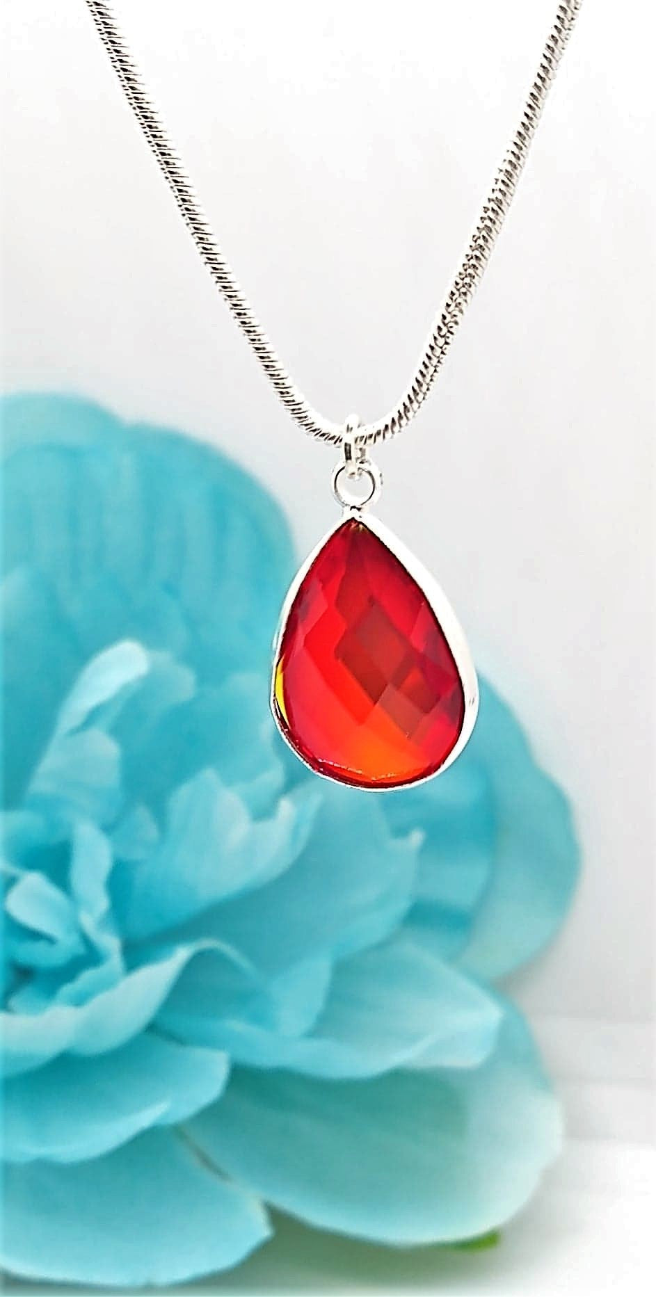 Faceted Glass Drop, Silver 18 Inch Snake Chain Necklace, Bridesmaid, Birthstone - Bad Apple Designs Jewelry