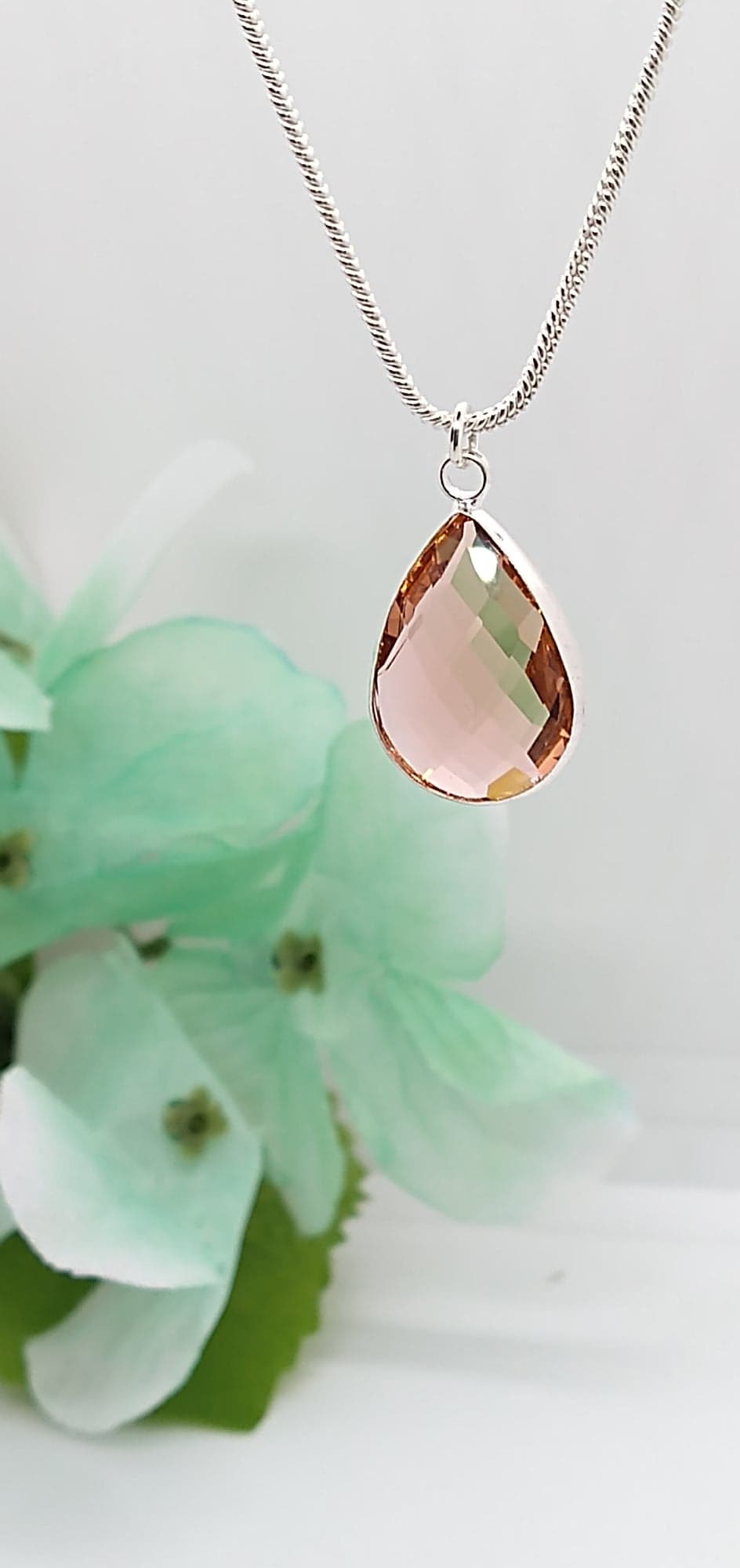 Faceted Glass Drop, Silver 18 Inch Snake Chain Necklace, Bridesmaid, Birthstone - Bad Apple Designs Jewelry