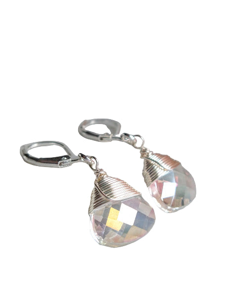 Faceted Clear Ab Crystal Teardrop Silver Leverback Earrings, Ladies Bridal Earrings, Crystal Drops - Bad Apple Designs Jewelry