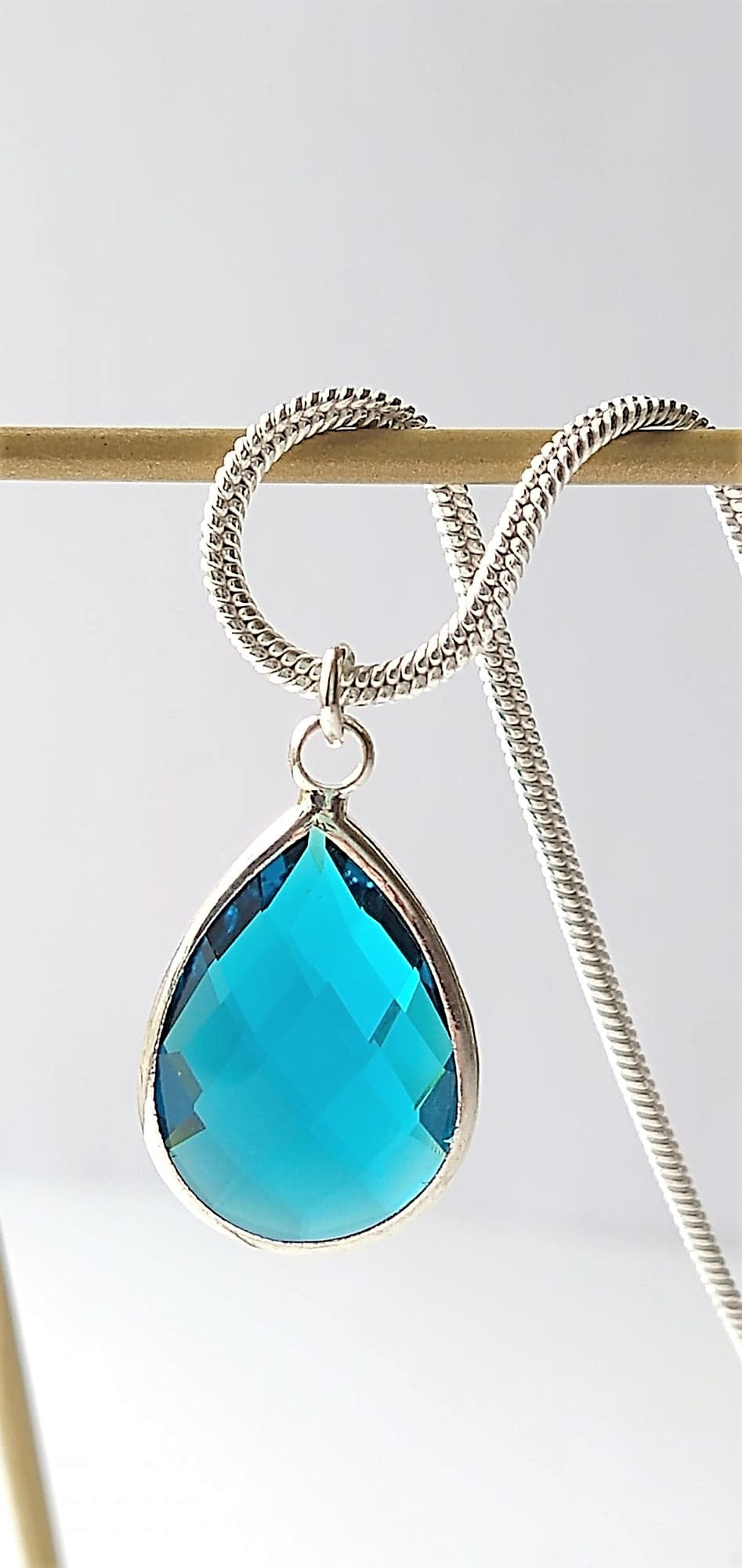 Faceted Glass Drop, Silver 18 Inch Snake Chain Necklace, Bridesmaid, Birthstone - Bad Apple Designs Jewelry