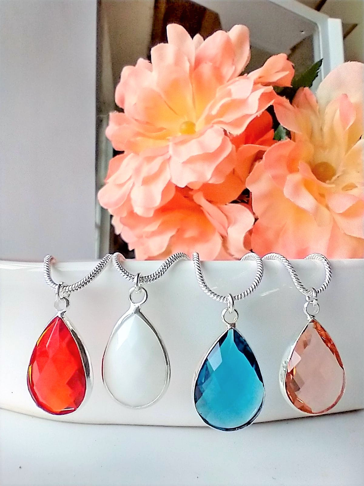 Faceted Glass Drop, Silver 18 Inch Snake Chain Necklace, Bridesmaid, Birthstone - Bad Apple Designs Jewelry
