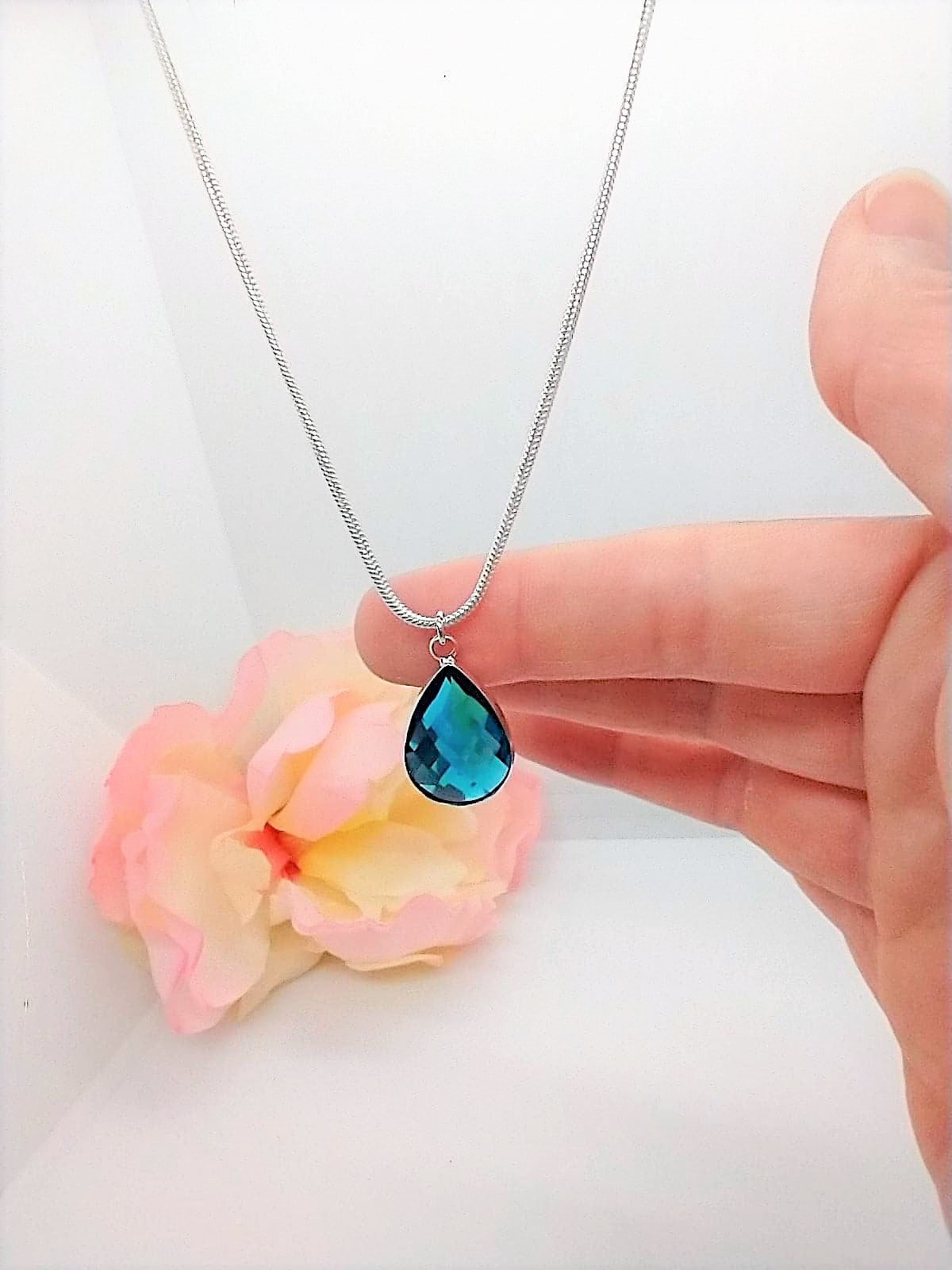Faceted Glass Drop, Silver 18 Inch Snake Chain Necklace, Bridesmaid, Birthstone - Bad Apple Designs Jewelry