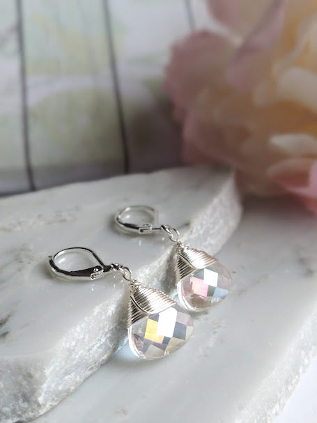 Faceted Clear Ab Crystal Teardrop Silver Leverback Earrings, Ladies Bridal Earrings, Crystal Drops - Bad Apple Designs Jewelry