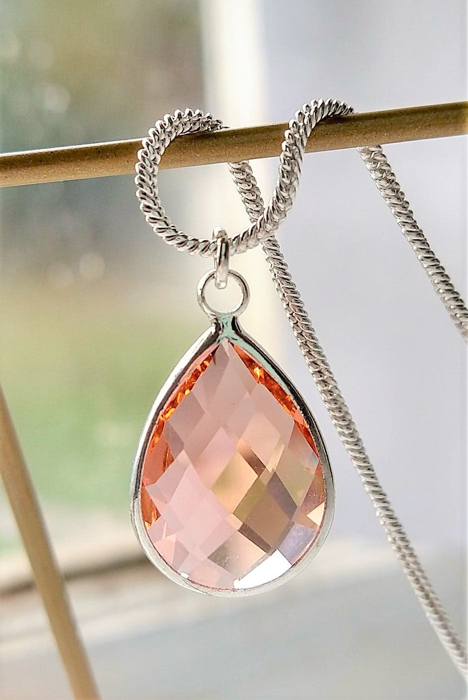 Faceted Glass Drop, Silver 18 Inch Snake Chain Necklace, Bridesmaid, Birthstone - Bad Apple Designs Jewelry