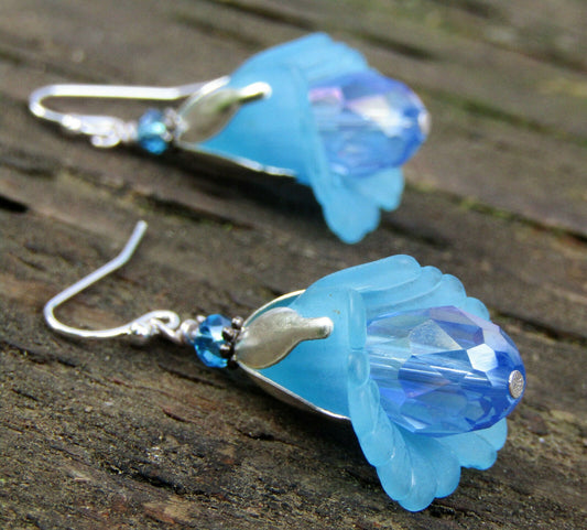 Flower Dangle Earrings, Blue Drop, Bridal, Floral Fashion, Dainty minimalist