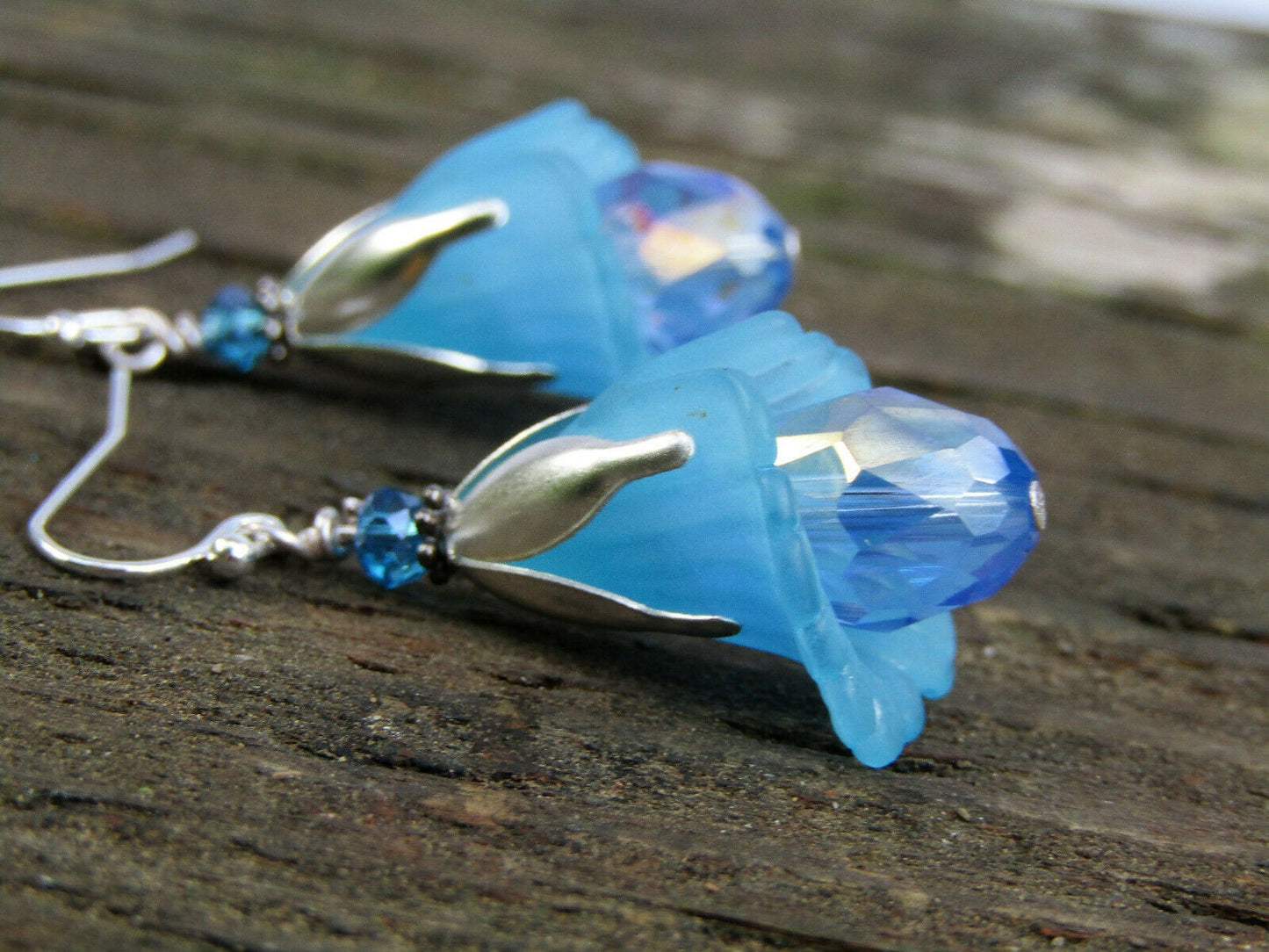 Flower Dangle Earrings, Blue Drop, Bridal, Floral Fashion, Dainty minimalist