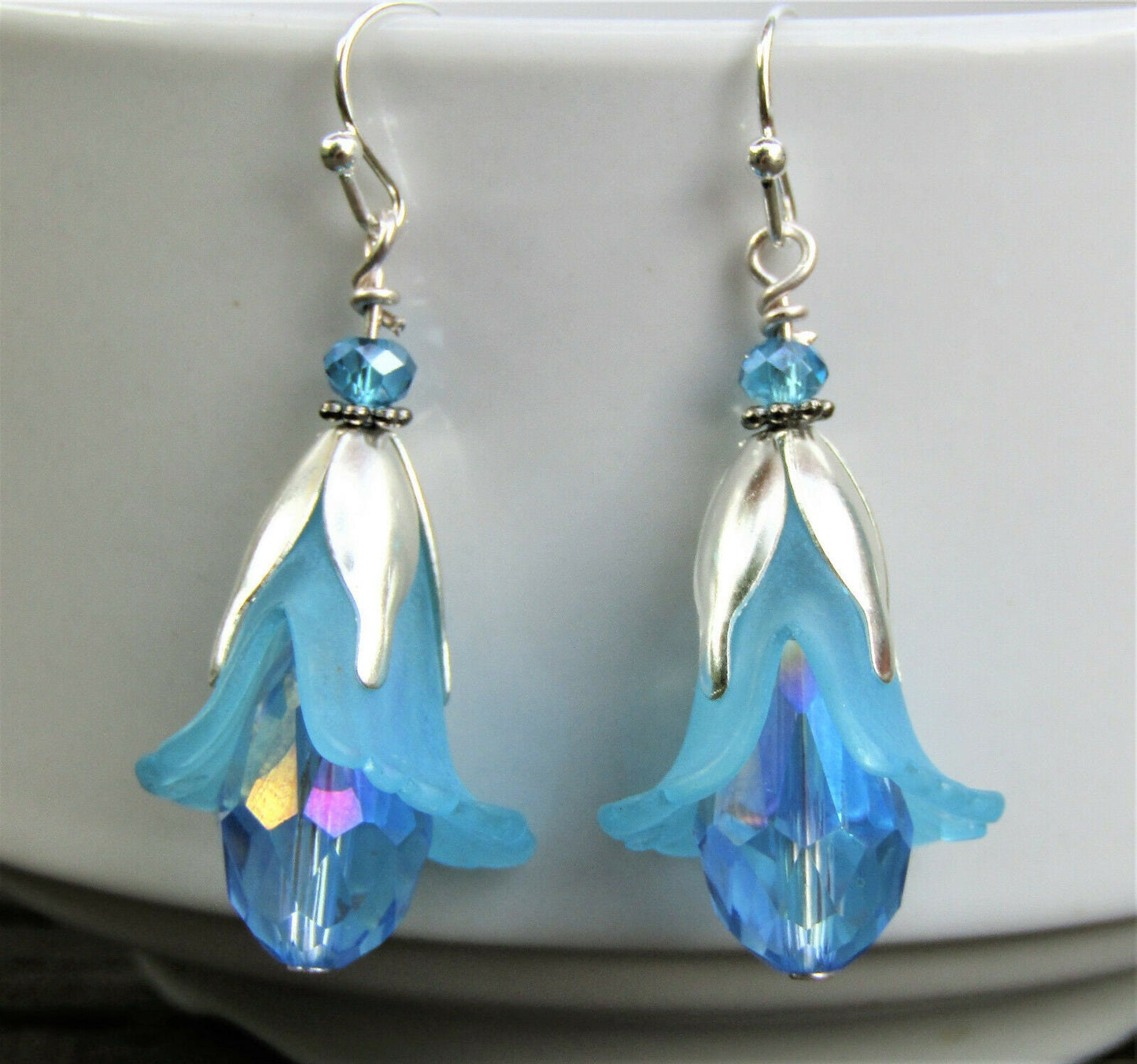 Flower Dangle Earrings, Blue Drop, Bridal, Floral Fashion, Dainty minimalist