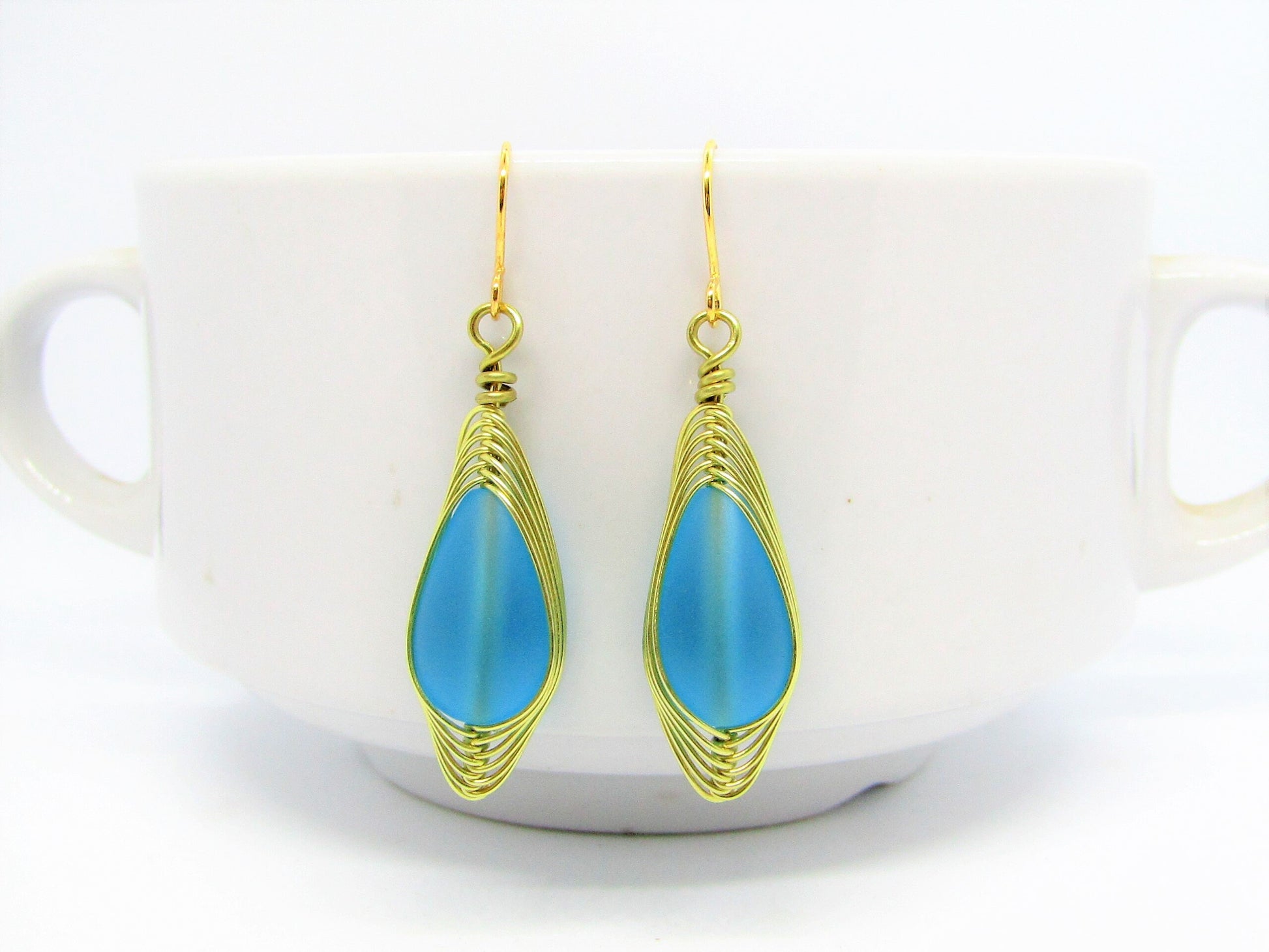 Blue Sea Glass Earrings, Wire Wrap Sea Foam Sea Glass Earrings, Tear Drop Dangling Ear Rings, Eco & Allergy Free Beachy Jewelry - Bad Apple Designs Jewelry
