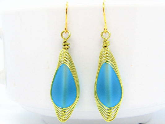 Blue Sea Glass Earrings, Wire Wrap Sea Foam Sea Glass Earrings, Tear Drop Dangling Ear Rings, Eco & Allergy Free Beachy Jewelry - Bad Apple Designs Jewelry