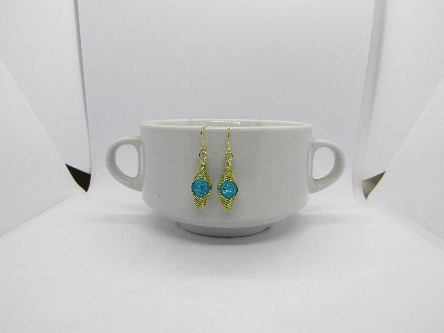 Blue Crackle Glass Artisan Wire Wrapped Gold Dangle Earrings - Bad Apple Designs Jewelry