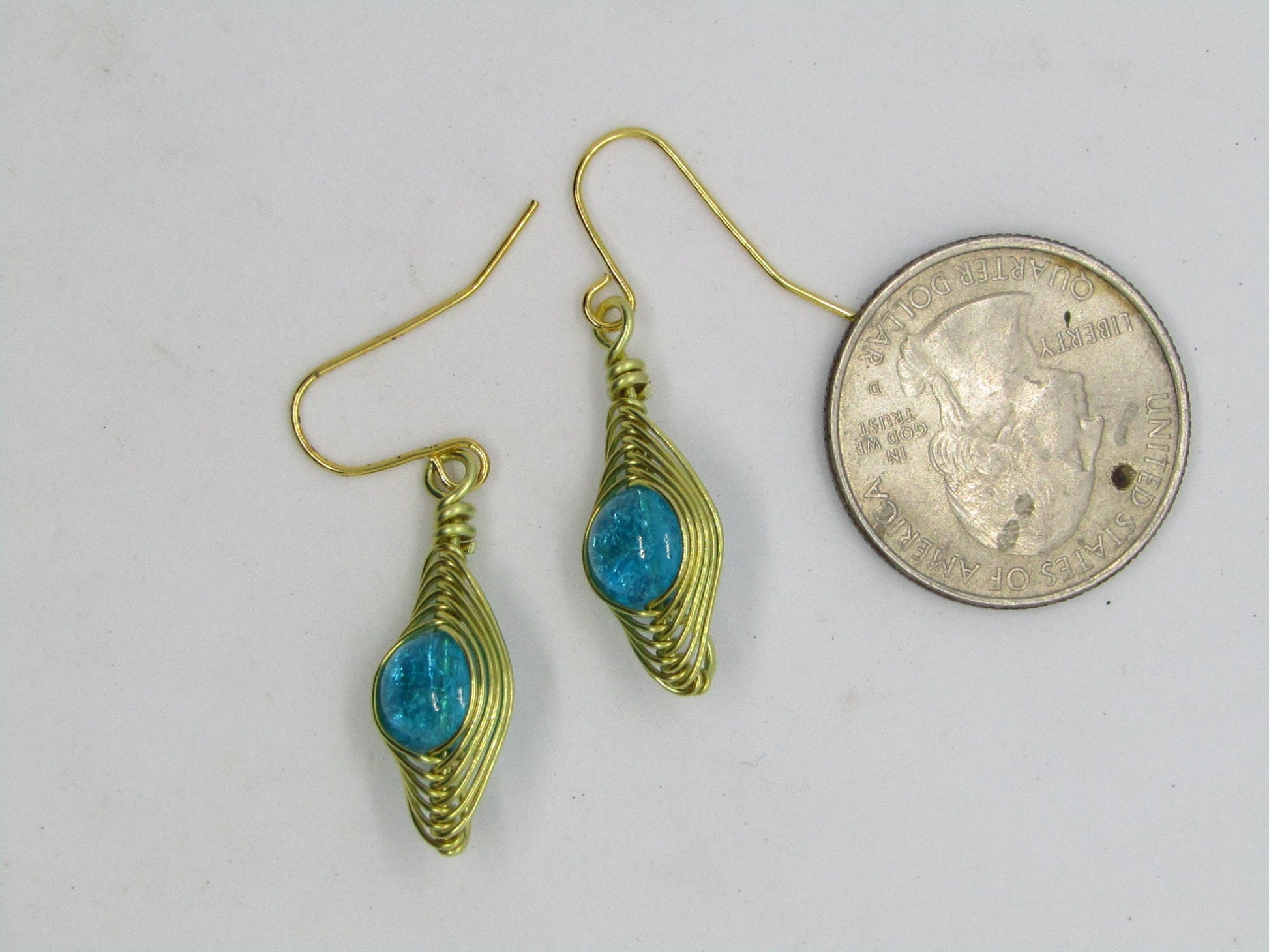 Blue Crackle Glass Artisan Wire Wrapped Gold Dangle Earrings - Bad Apple Designs Jewelry