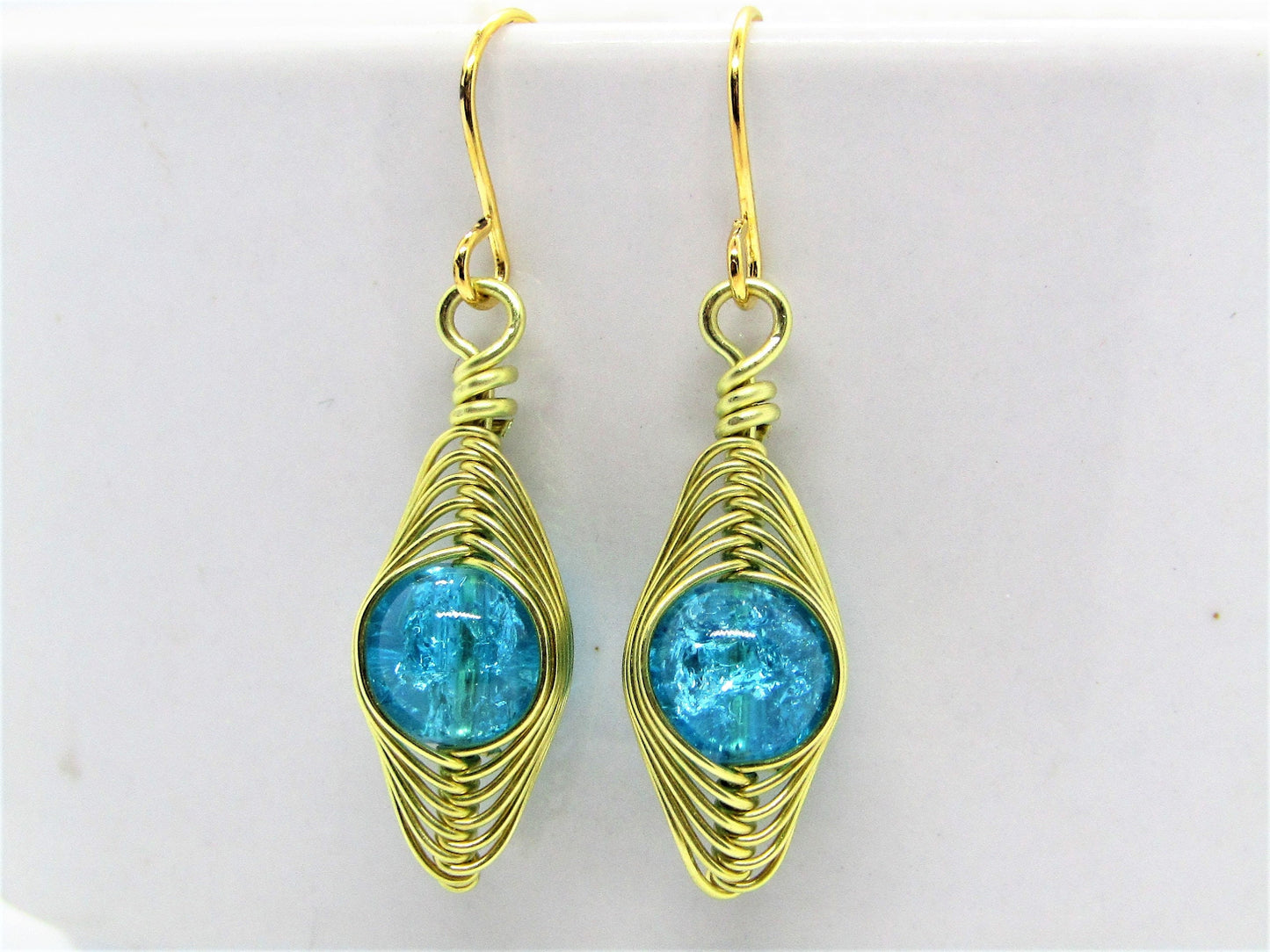 Blue Crackle Glass Artisan Wire Wrapped Gold Dangle Earrings - Bad Apple Designs Jewelry