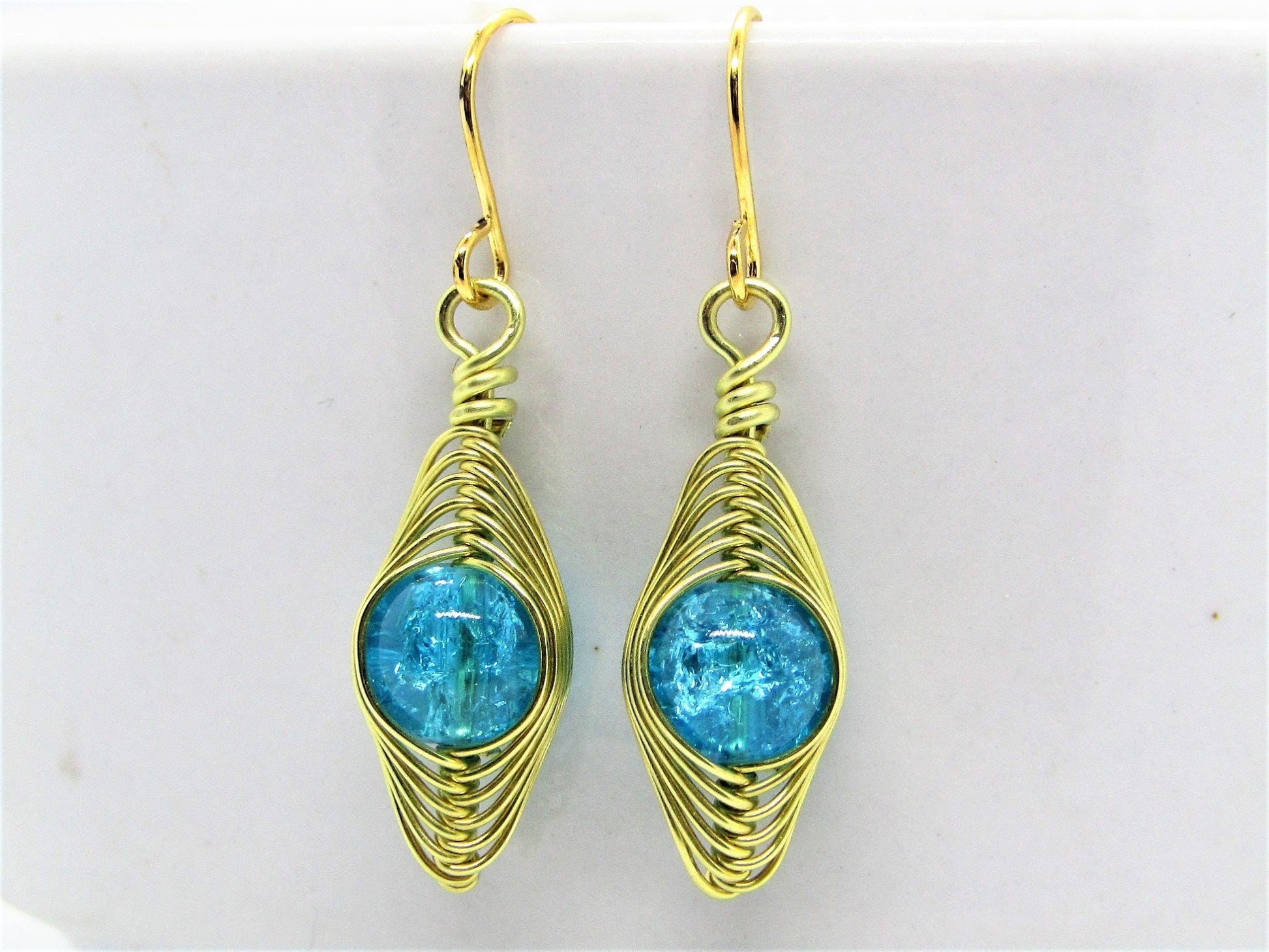 Blue Crackle Glass Artisan Wire Wrapped Gold Dangle Earrings - Bad Apple Designs Jewelry