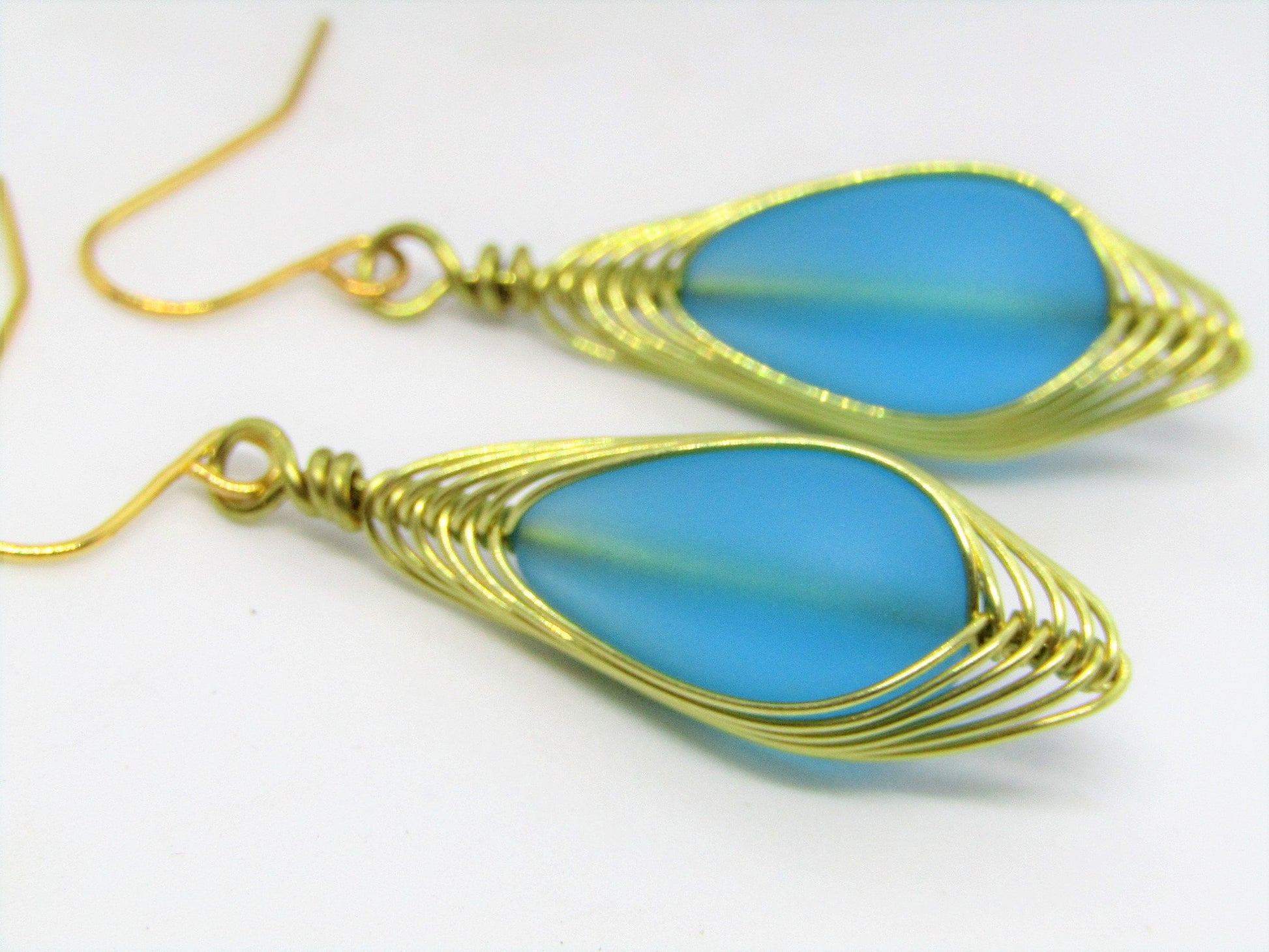 Blue Sea Glass Earrings, Wire Wrap Sea Foam Sea Glass Earrings, Tear Drop Dangling Ear Rings, Eco & Allergy Free Beachy Jewelry - Bad Apple Designs Jewelry