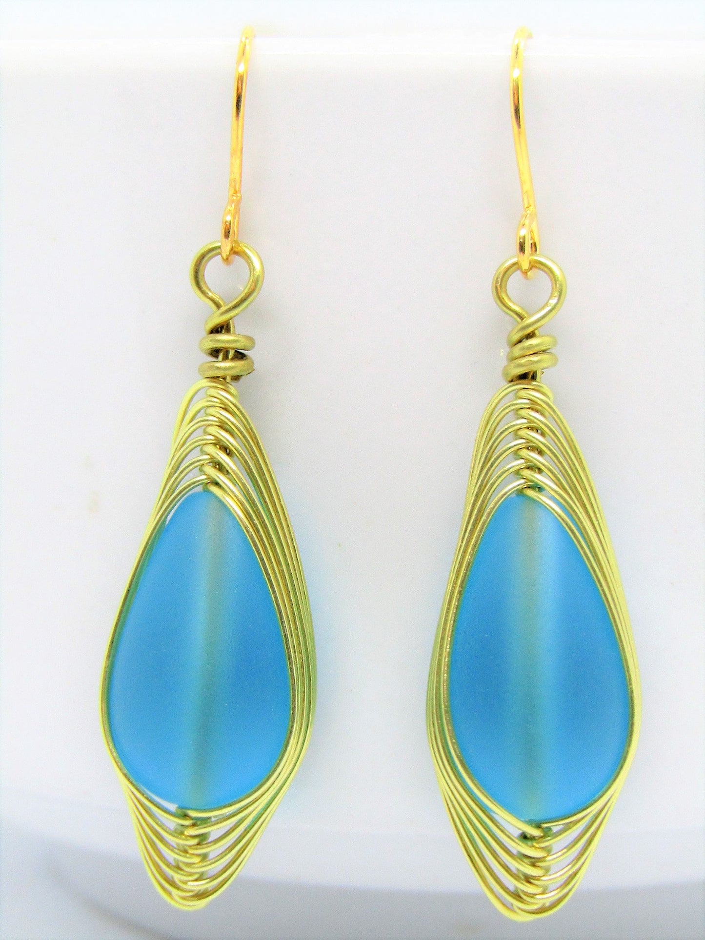Blue Sea Glass Earrings, Wire Wrap Sea Foam Sea Glass Earrings, Tear Drop Dangling Ear Rings, Eco & Allergy Free Beachy Jewelry - Bad Apple Designs Jewelry