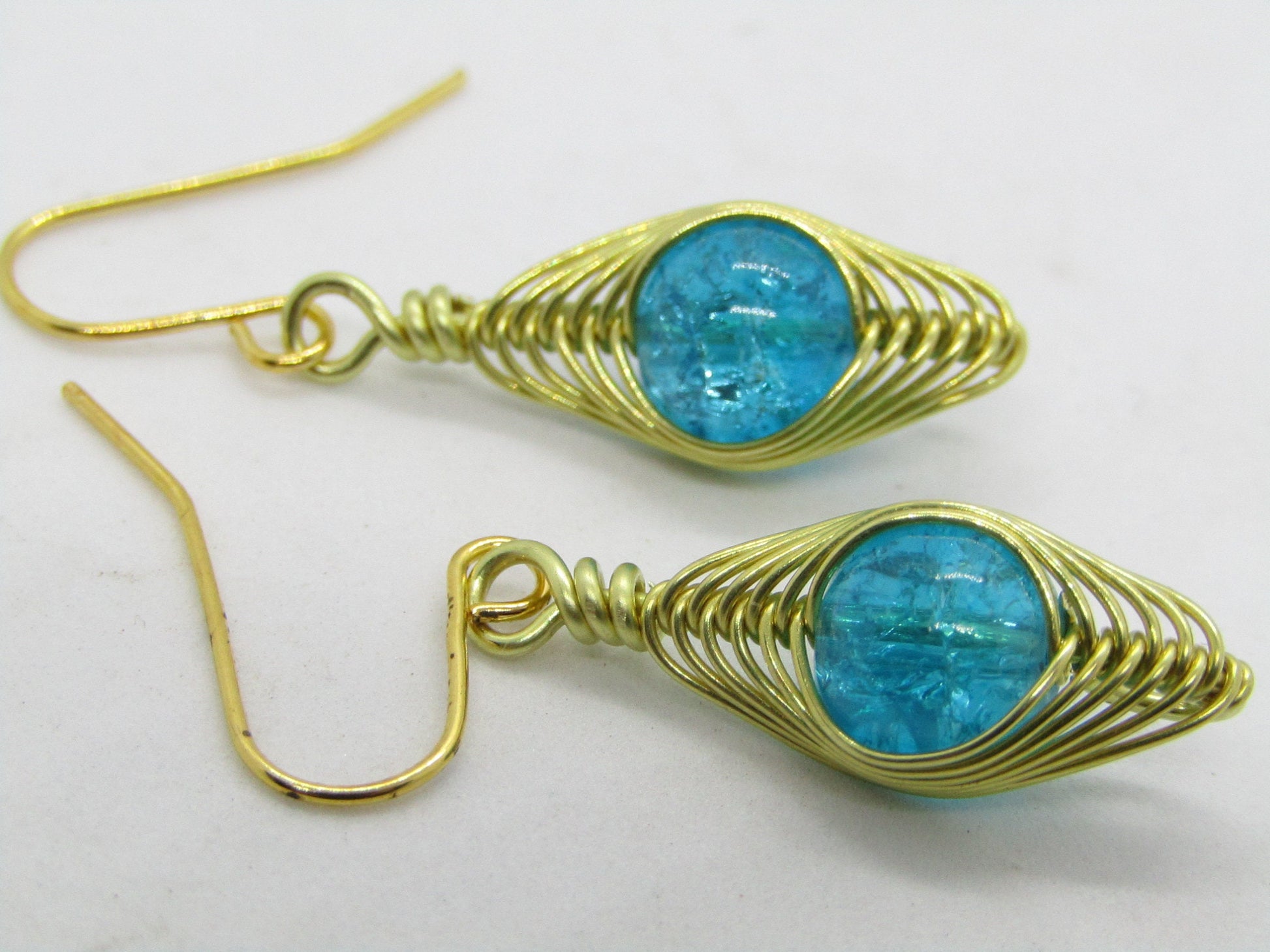 Blue Crackle Glass Artisan Wire Wrapped Gold Dangle Earrings - Bad Apple Designs Jewelry