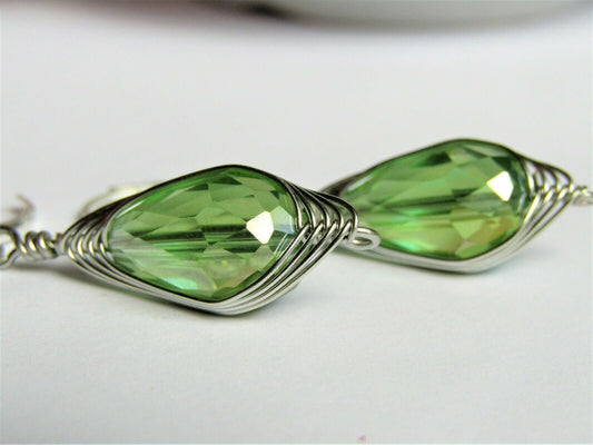 Faceted Light Green Crystal Teardrop Silver Leverback Earrings Usa Handmade - Bad Apple Designs Jewelry