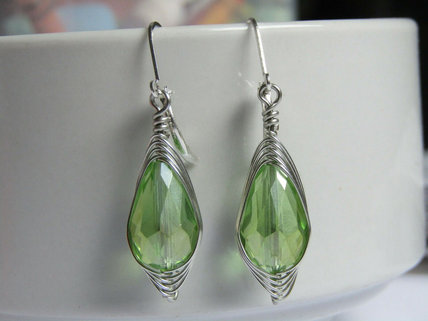 Faceted Light Green Crystal Teardrop Silver Leverback Earrings Usa Handmade - Bad Apple Designs Jewelry